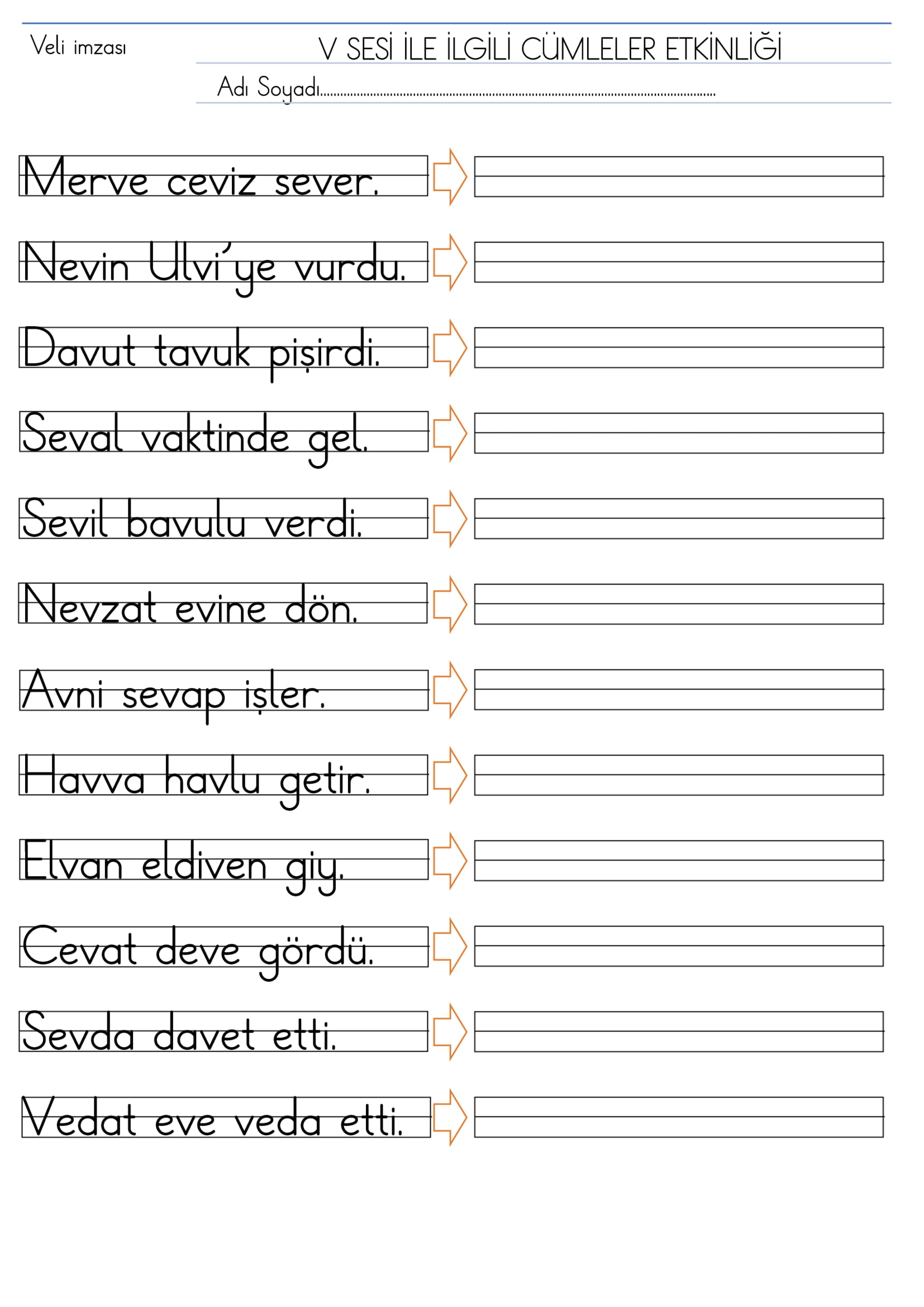 1. Sınıf İlk Okuma Yazma V Sesi Cümleler Etkinliği