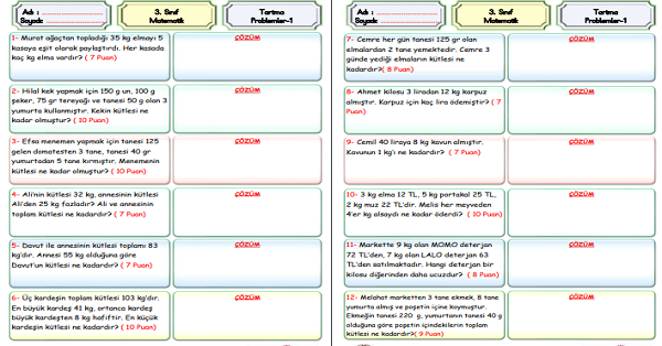 3. Sınıf Matematik Tartma Problemleri-1