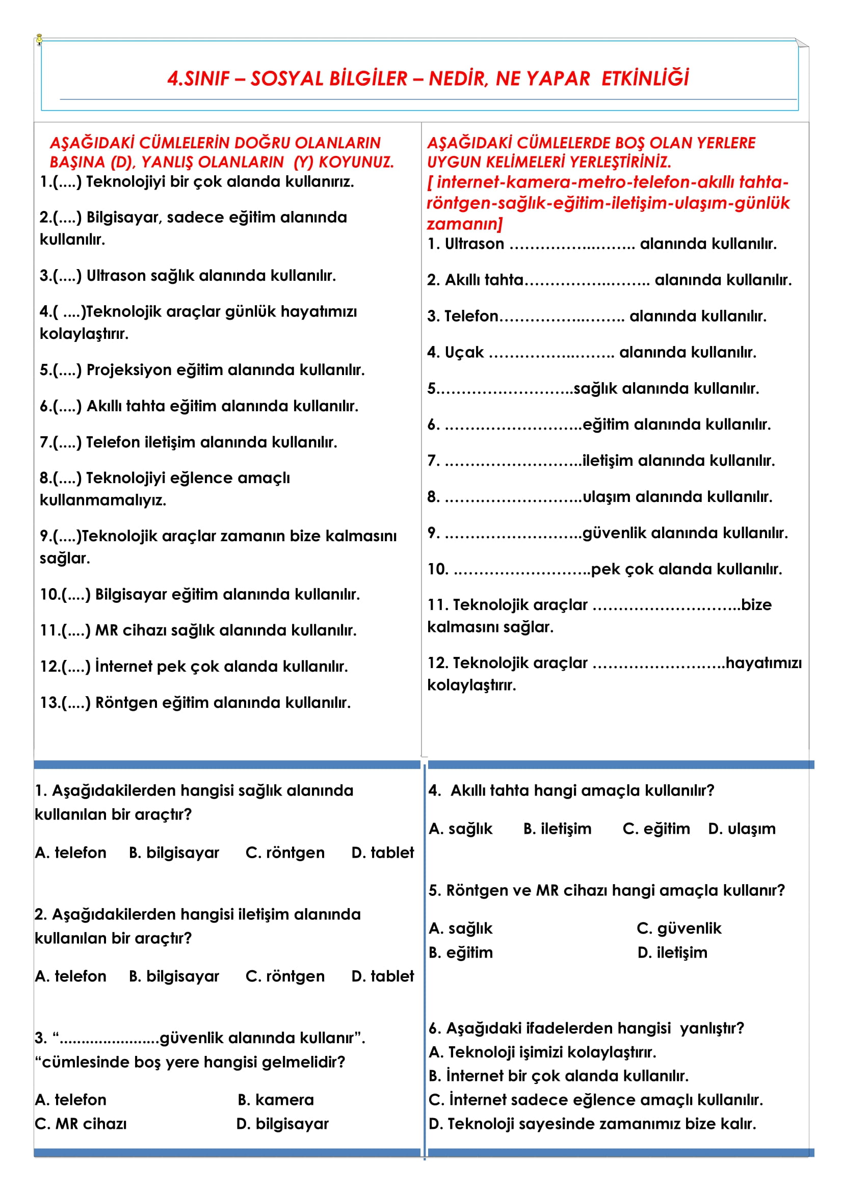 4. Sınıf - Sosyal Bilgiler - Nedir, Ne Yapar Etkinliği