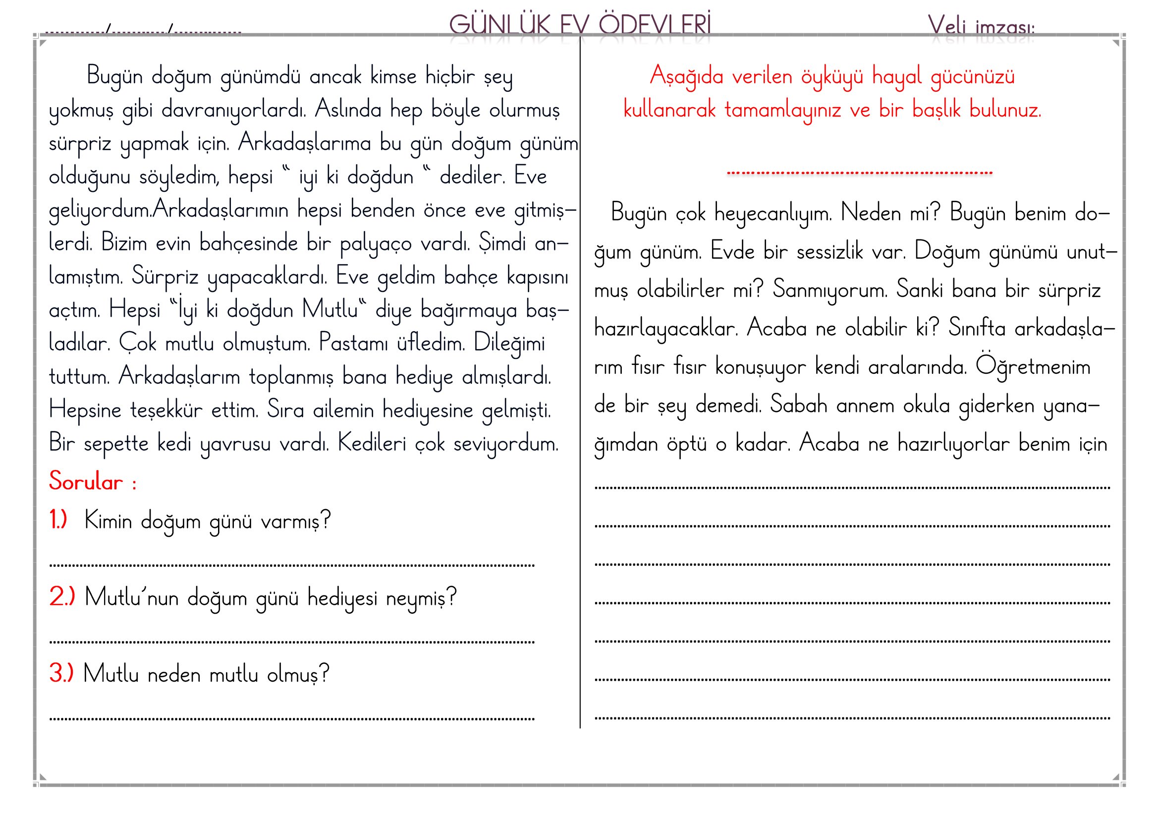1. Sınıf - 27 Şubat 2026 Günlük Ev Ödevleri