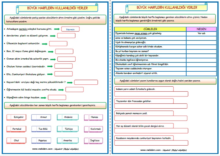 2. Sınıf Türkçe Büyük Harflerin Kullanıldığı Yerler (4 Sayfa)
