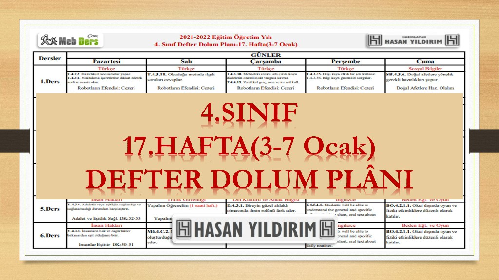 4. Sınıf 17.Hafta(3-7 Ocak) Defter Dolum Planı