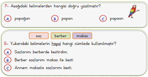 1. Sınıf Türkçe Kelime Etkinliği Yaprak Test-2