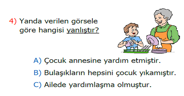 2. Sınıf Hayat Bilgisi Evde Neler Yapabilirim Kazanım Testi