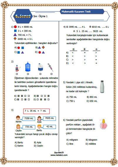 4. Sınıf Matematik Sıvı Ölçme Kazanım Testi 1  ETKİLEŞİMLİ