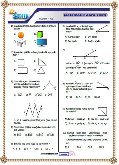 4. Sınıf Matematik Düzlem ve Açı Testi