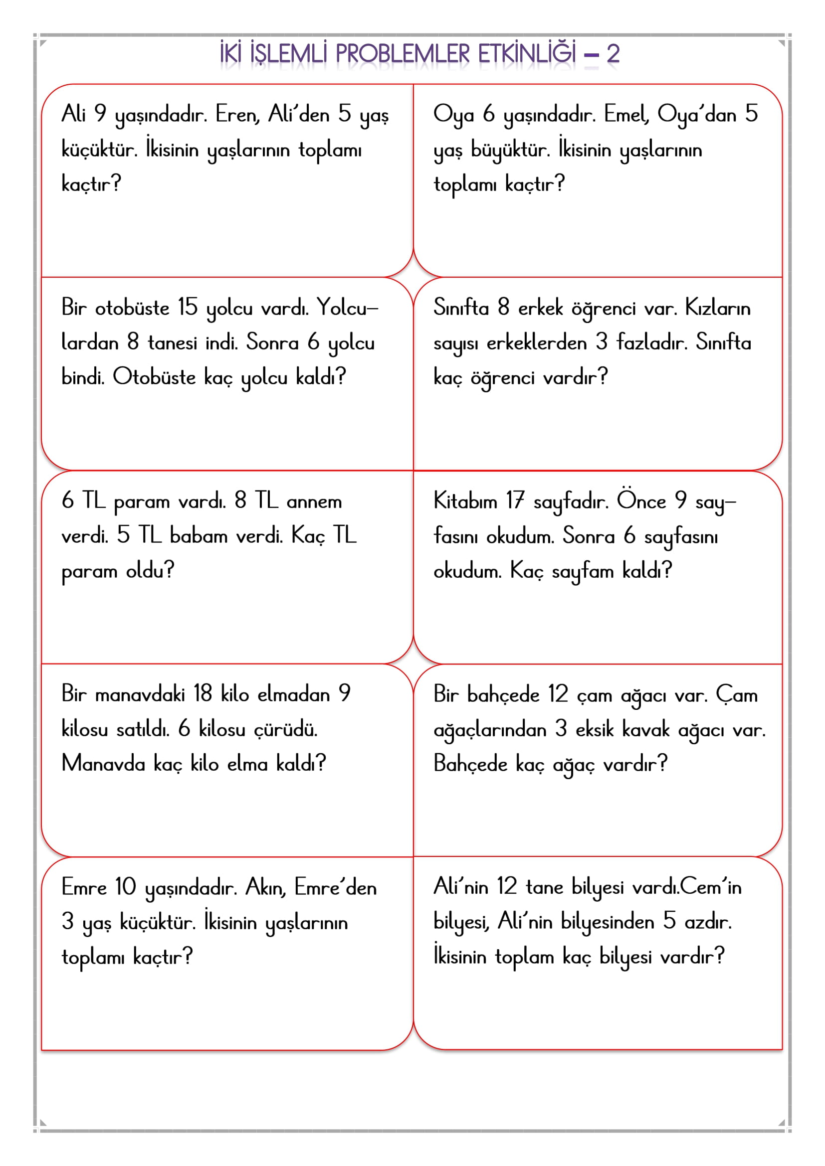 1. Sınıf Matematik İki İşlemli Problemler Etkinliği-2