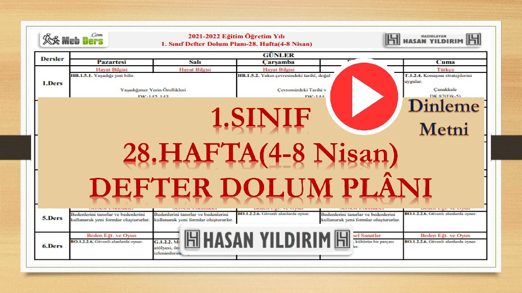 1. Sınıf 28.Hafta(4-8 Nisan) Defter Dolum Planı