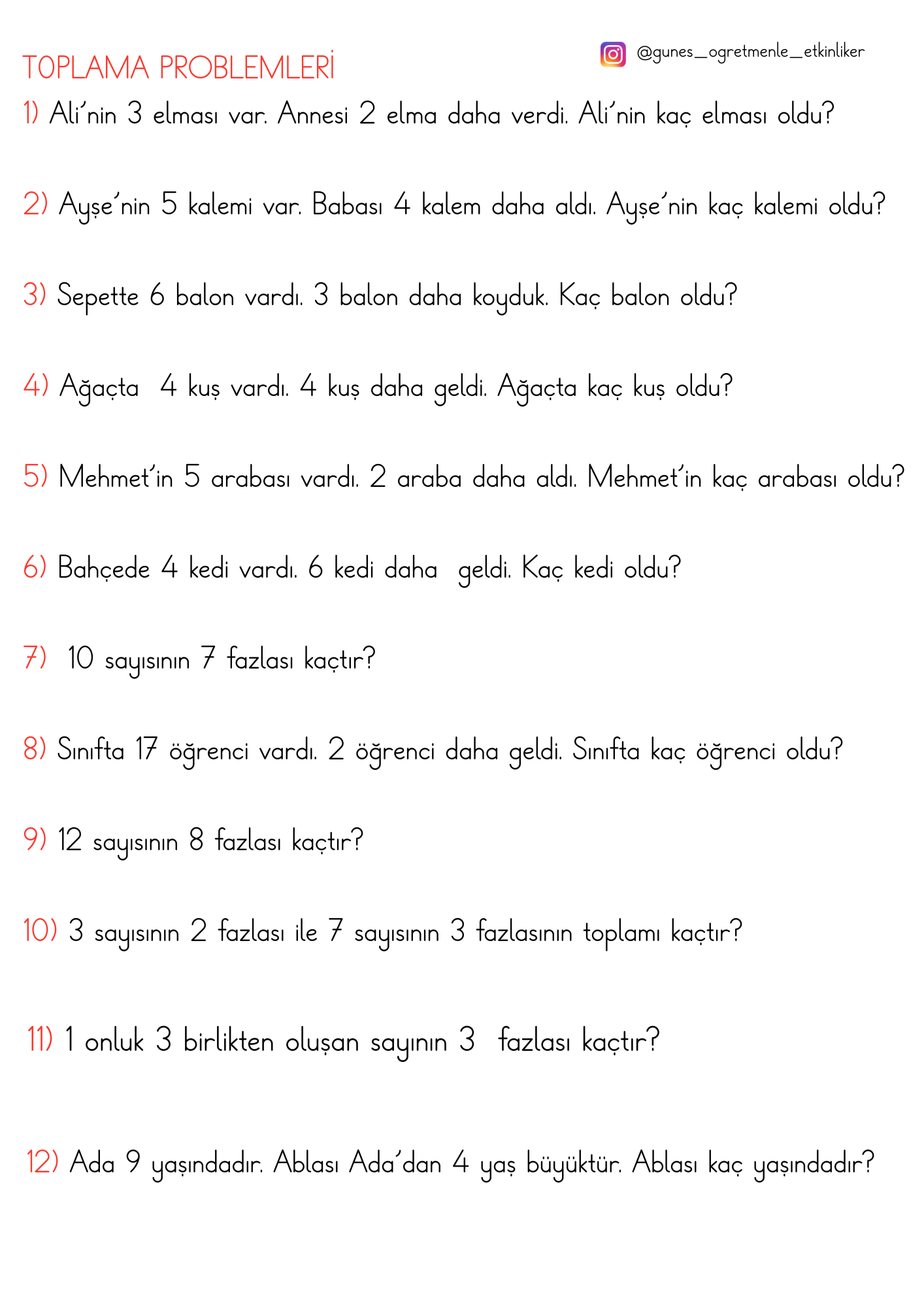 1. Sınıf Matematik Toplama Problemleri