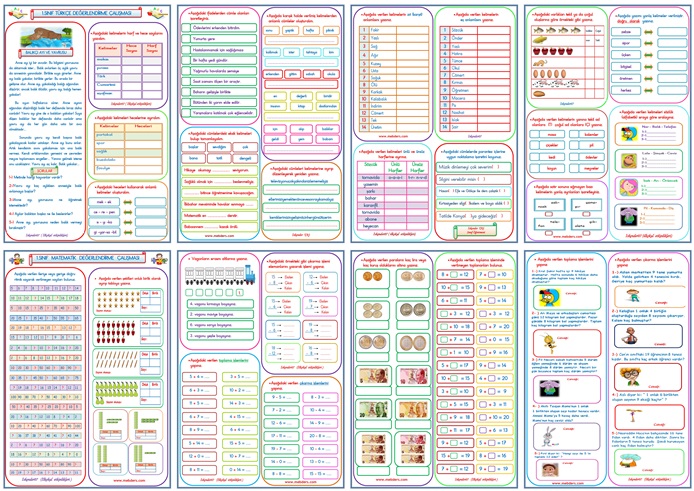 1. Sınıf Türkçe Matematik Dersi Ara Tatil Ödev Çalışması (8 Sayfa)