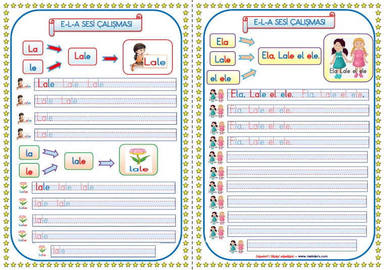1. Sınıf İlkokuma Yazma "E-L-A" Sesi Çalışması (lale -Ela lale el ele kelime cümle çalışması)