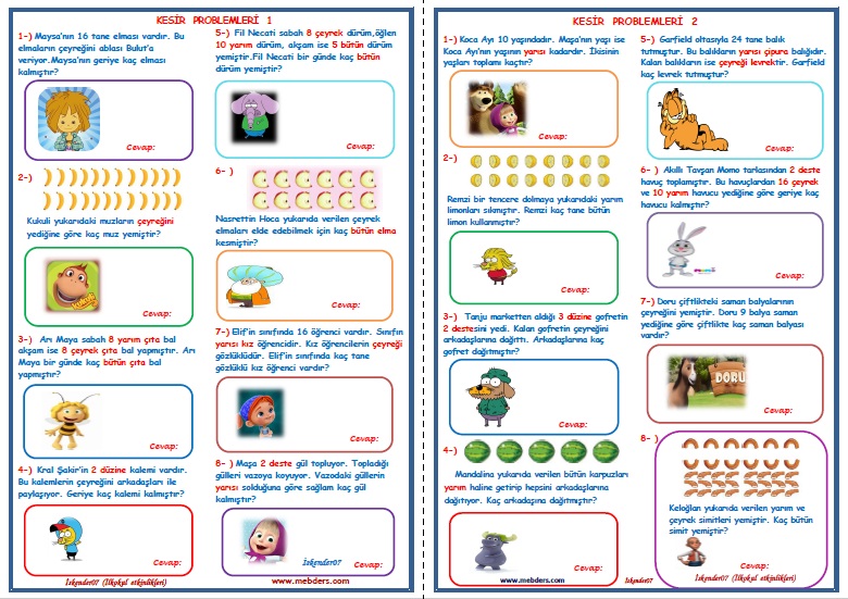 2. Sınıf Matematik Kesir Problemleri 1-2 (2 Sayfa-16 Soru)