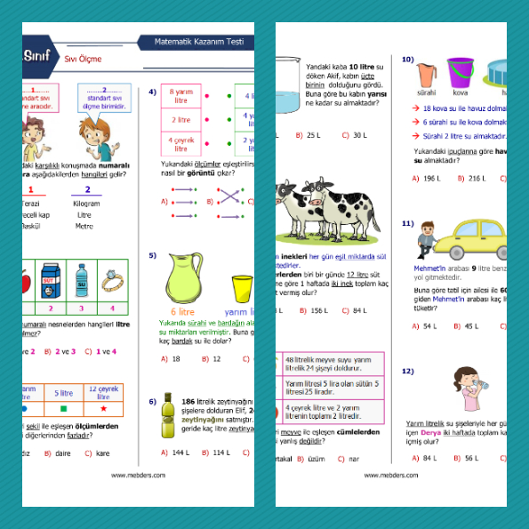 3. Sınıf Matematik Sıvı Ölçme Kazanım Testi