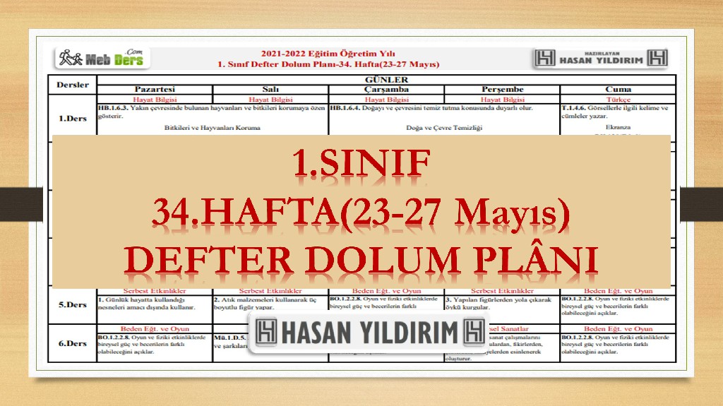 1. Sınıf 34.Hafta(23-27 Mayıs) Defter Dolum Planı