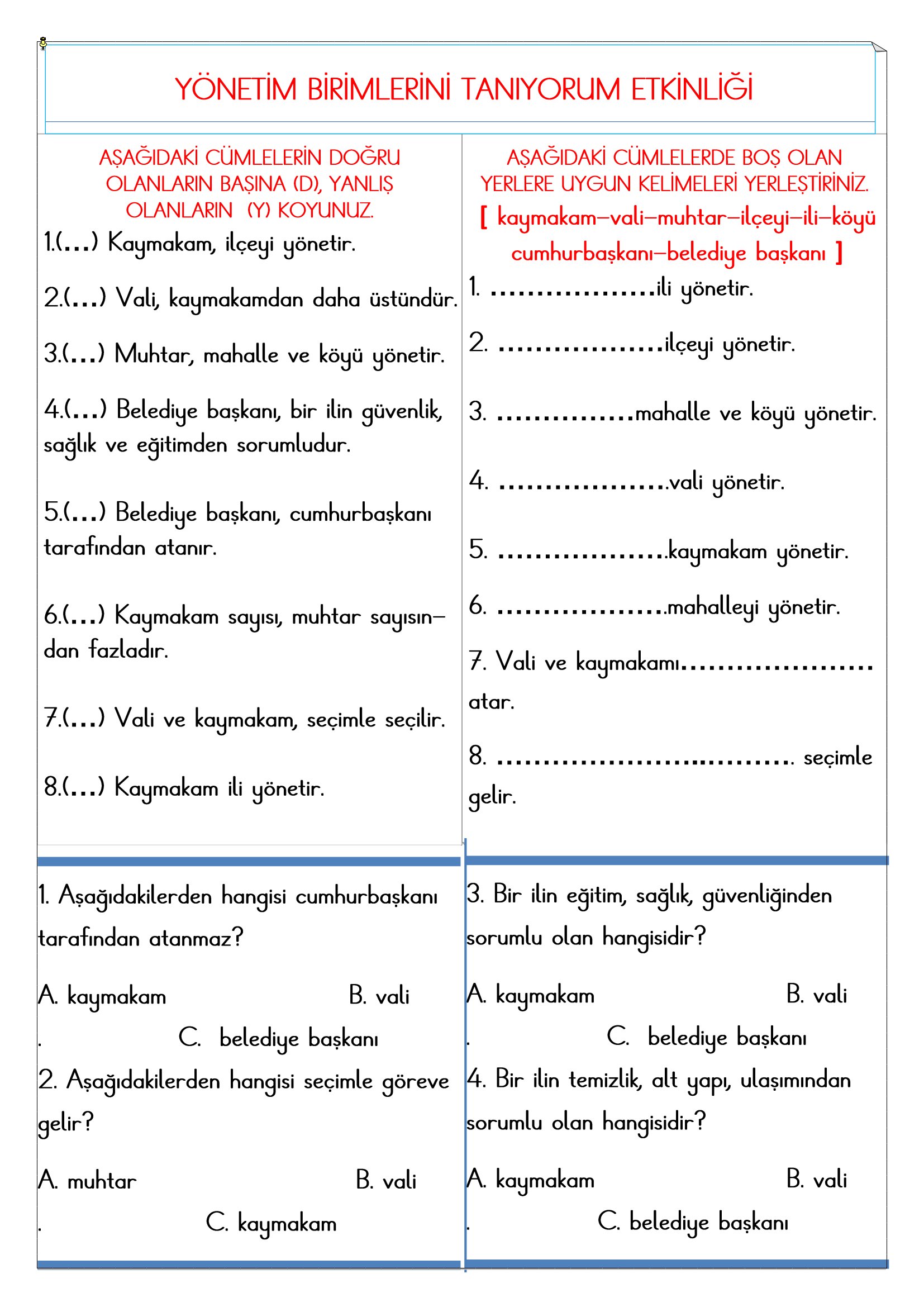 2. Sınıf - Hayat Bilgisi Yönetim Birimlerini Tanıyorum Etkinliği