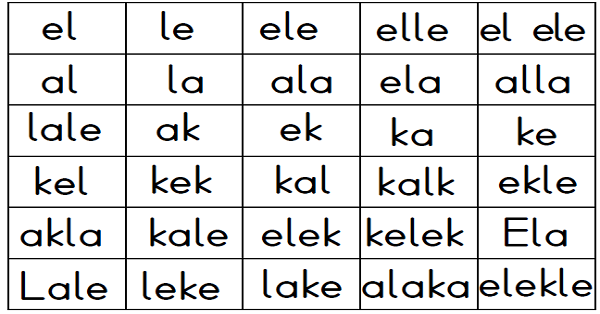 1. Sınıf İlk Okuma Yazma ELAKİN Kelimeleri Kutu İçin