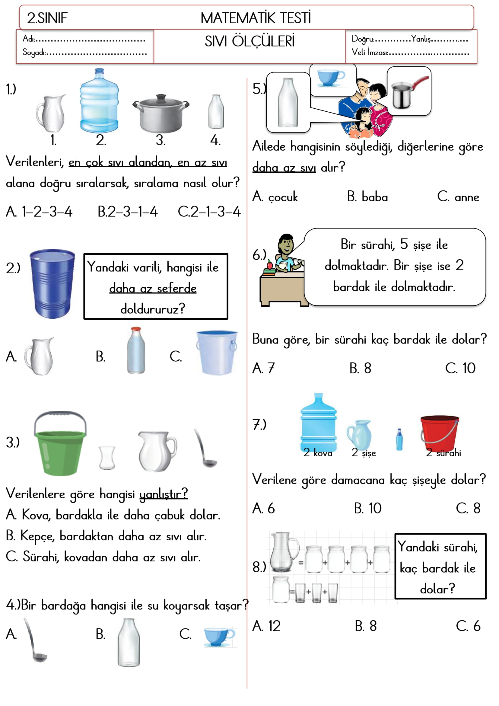 2. Sınıf Matematik Sıvı Ölçüleri Testi