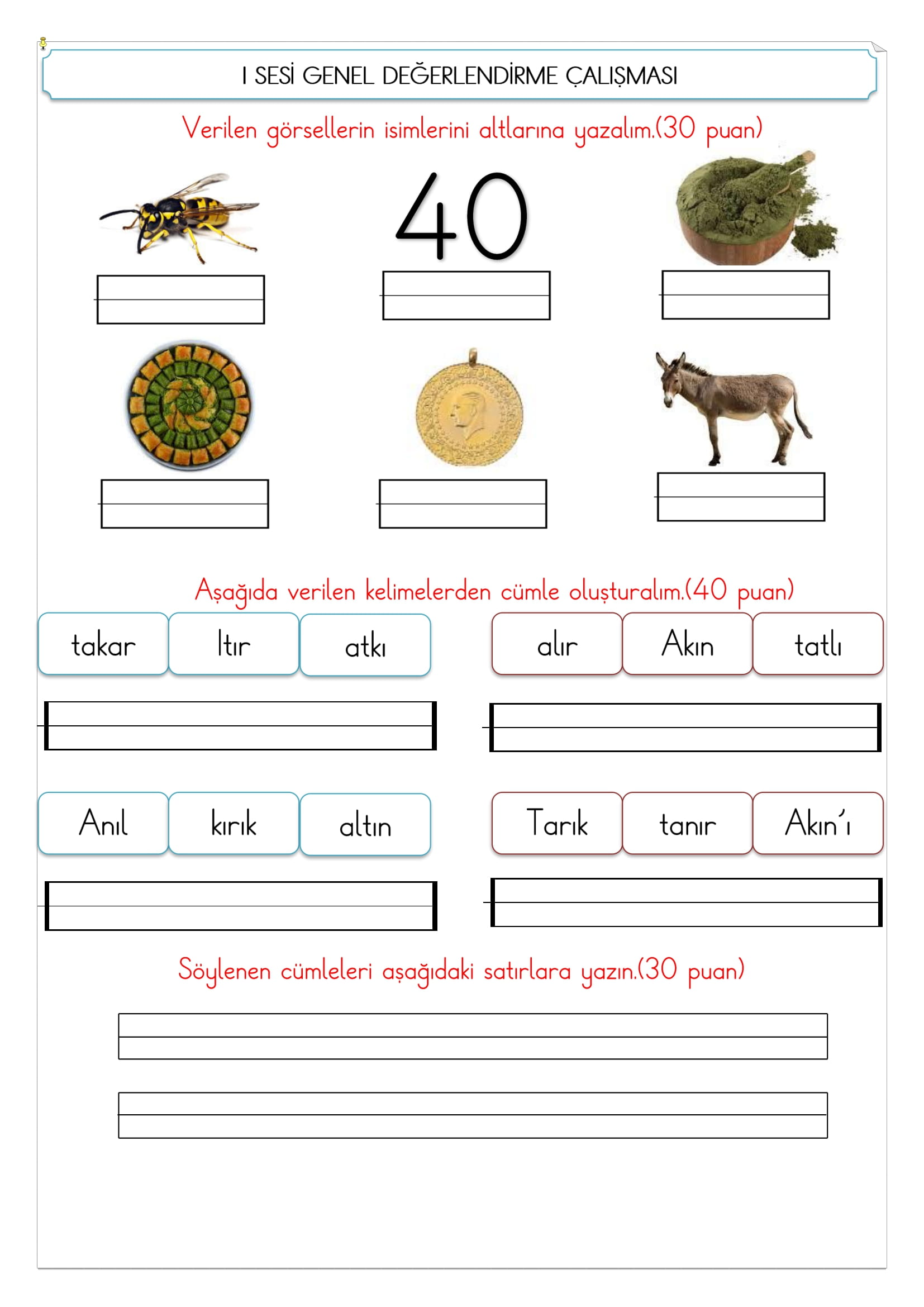 1. Sınıf İlk Okuma Yazma I Sesi Değerlendirme Çalışması