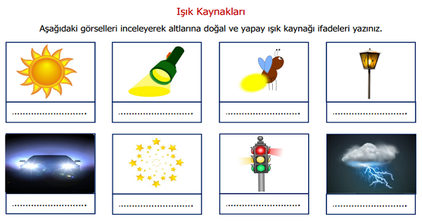 3. Sınıf Fen Bilimler Işık Kaynakları Etkinliği 1