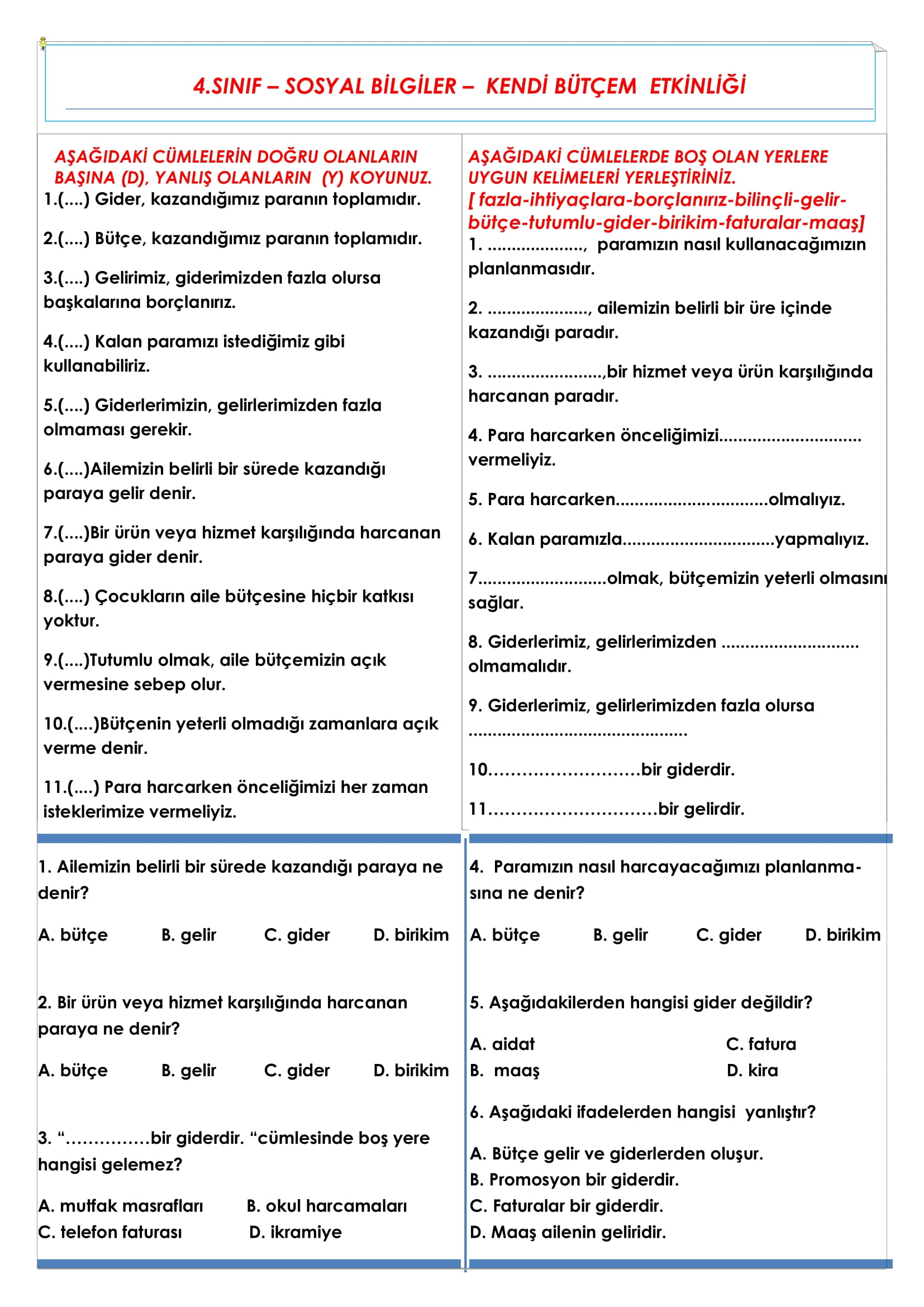 4. Sınıf Sosyal Bilgiler Kendi Bütçem Etkinliği