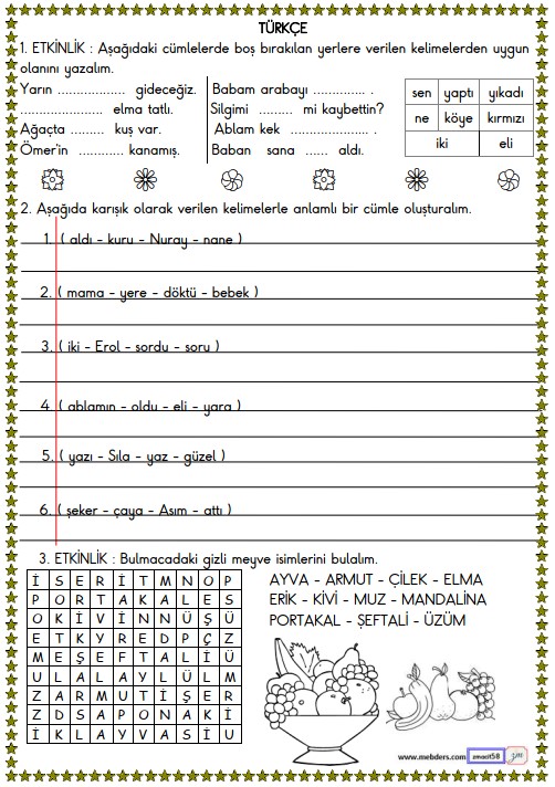 1. Sınıf Türkçe Boşluk Doldurma ve Cümle Oluşturma Etkinliği 16