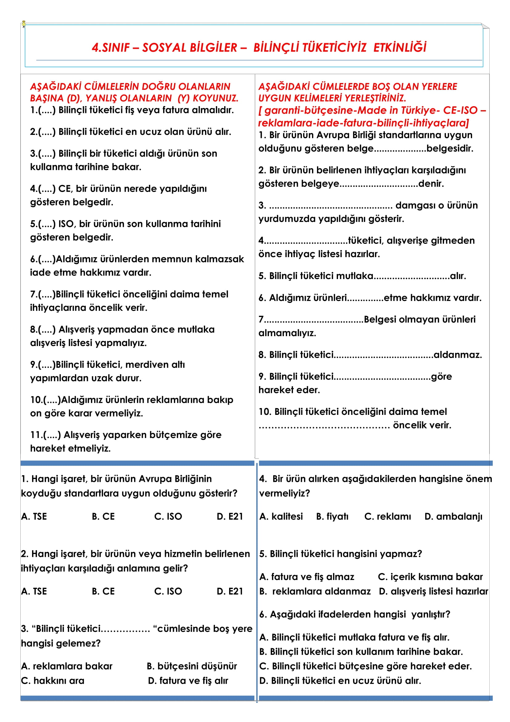 4. Sınıf Sosyal Bilgiler Bilinçli Tüketiciyiz Etkinliği