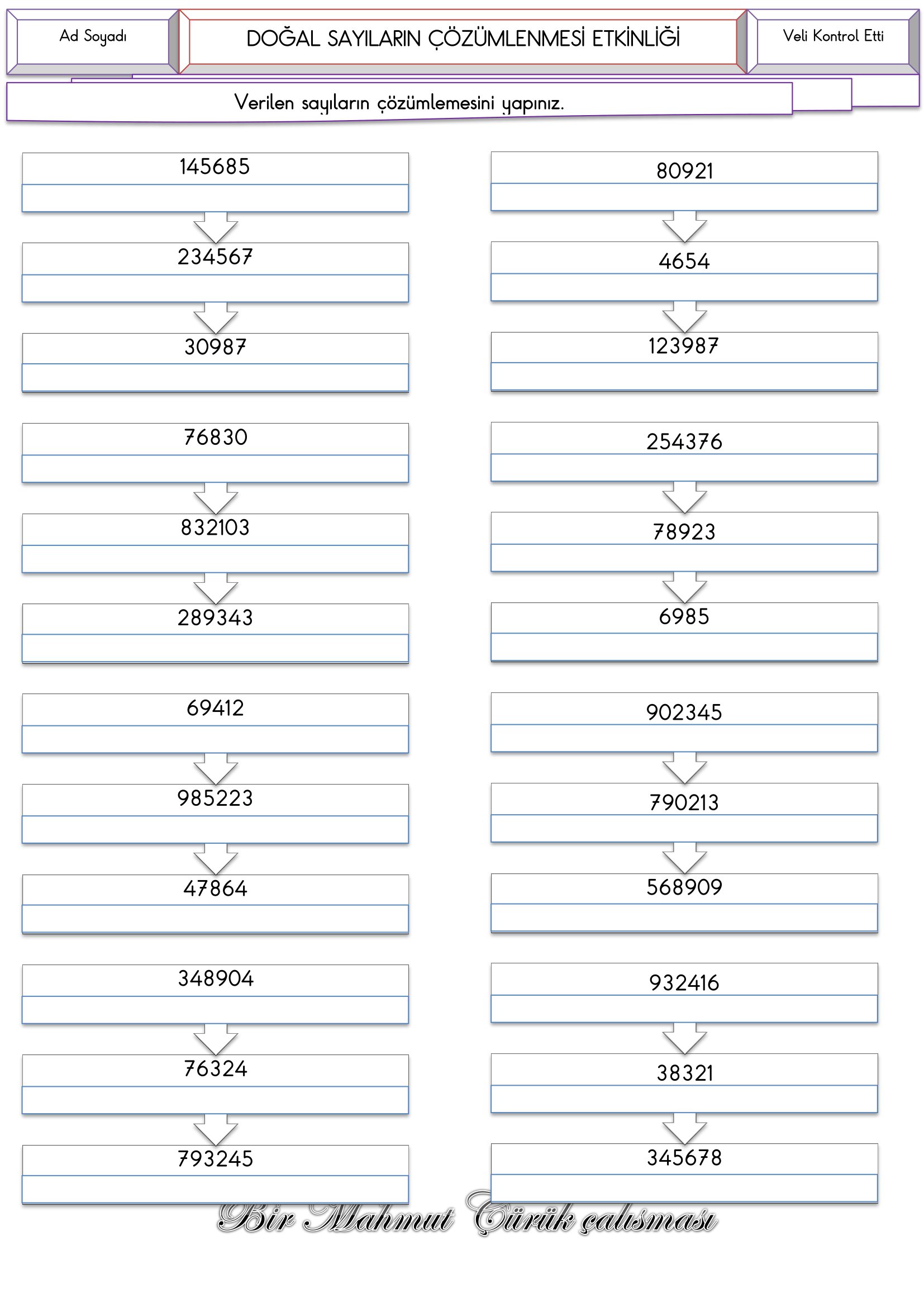 4. Sınıf Matematik 4.5.6. Basamaklı Sayıların Çözümlenmesi Etkinliği