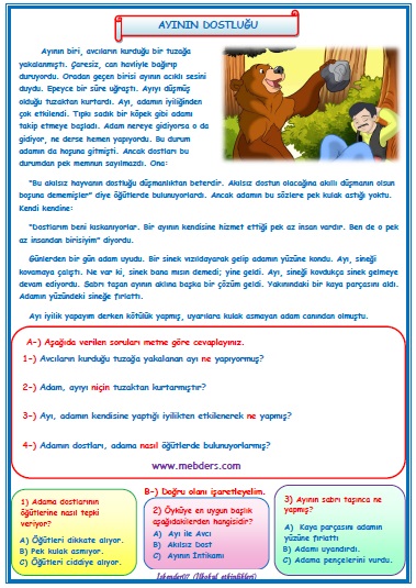 2. Sınıf Türkçe Ayının Dostluğu Okuma Anlama Metin Çalışması 12