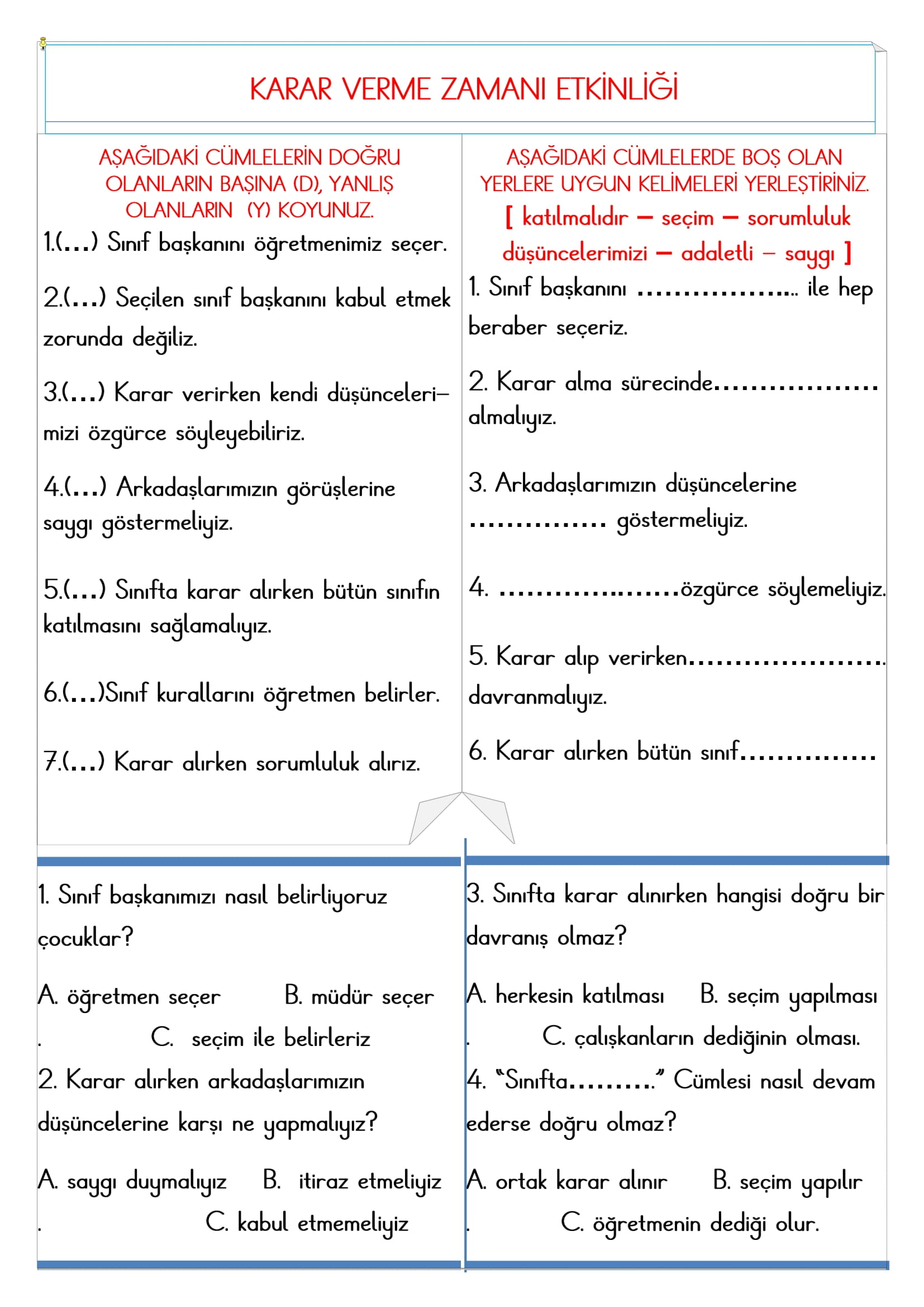 2. Sınıf - Hayat Bilgisi Karar Verme Zamanı Etkinliği