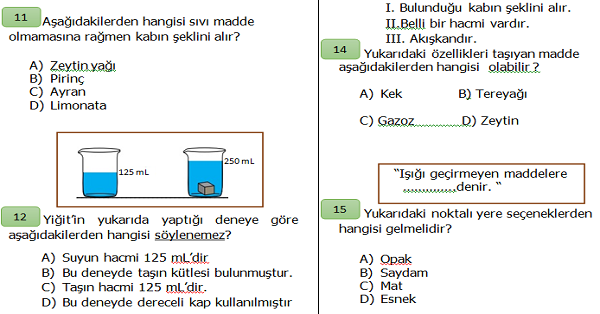 4. Sınıf Fen Bilimleri Maddenin Özellikleri Ünite Değerlendirmesi