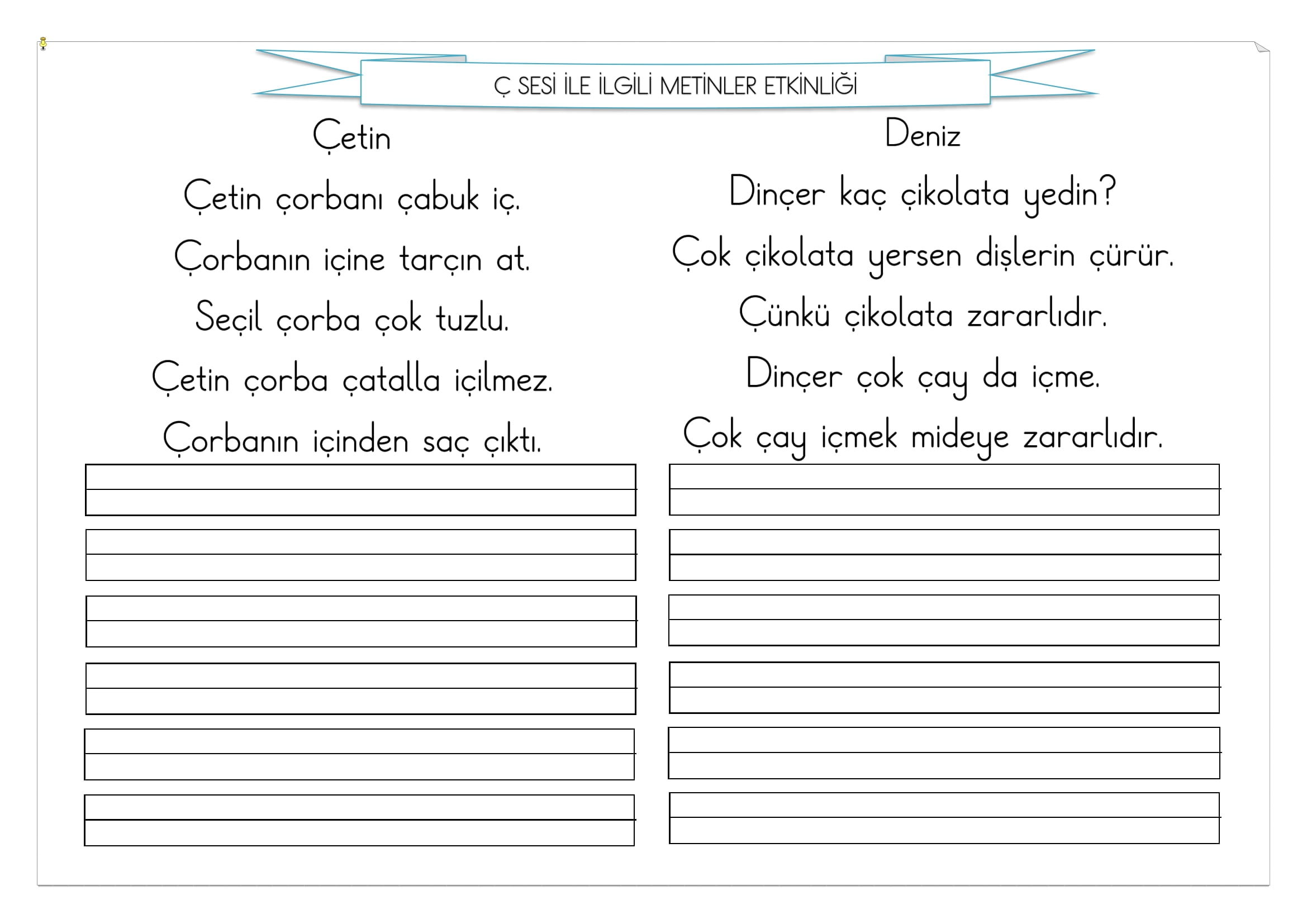 1. Sınıf İlk Okuma Yazma Ç Sesi Metinler Etkinliği