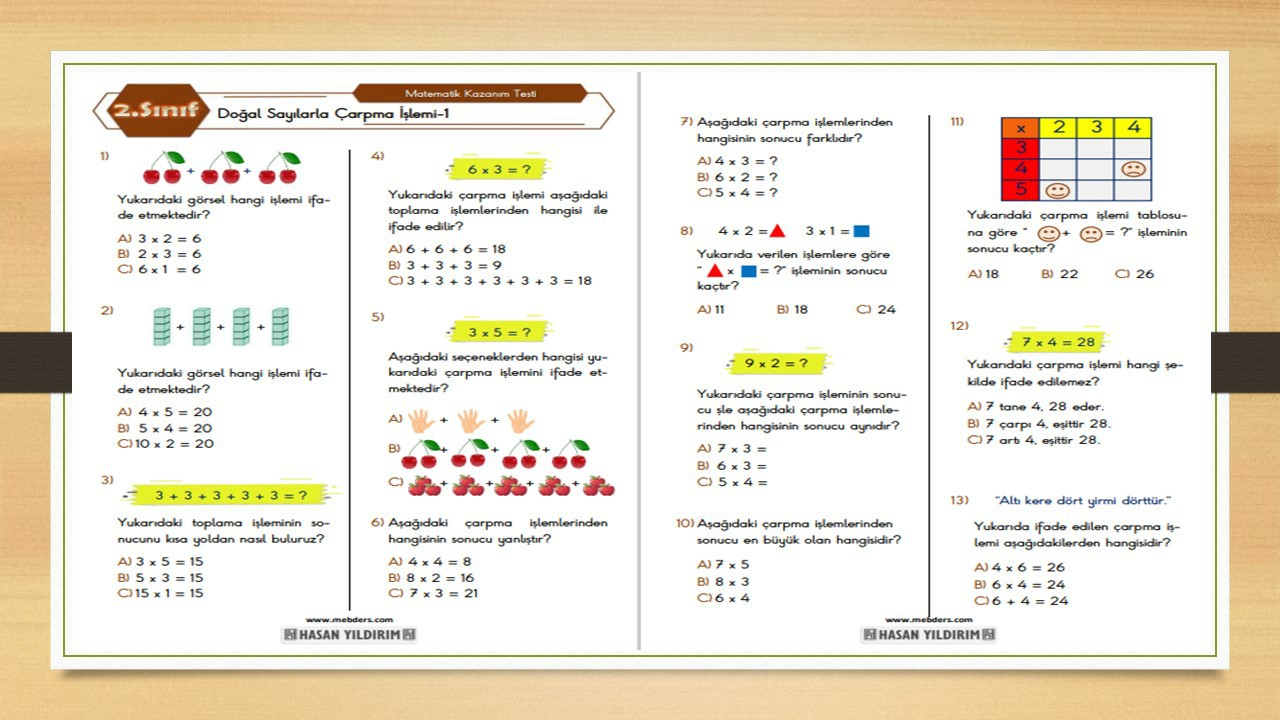2. Sınıf Matematik Doğal Sayılarla Çarpma İşlemi Testi-1