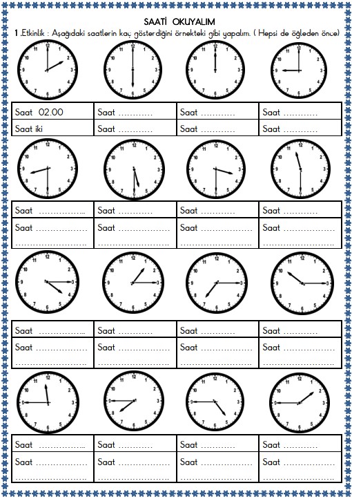 2. Sınıf Matematik Zamanı Ölçme, Saat Etkinliği 21