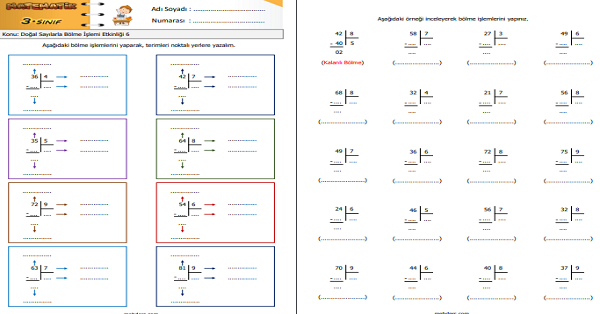 3. Sınıf Matematik Doğal Sayılarla Bölme İşlemi Etkinliği 6