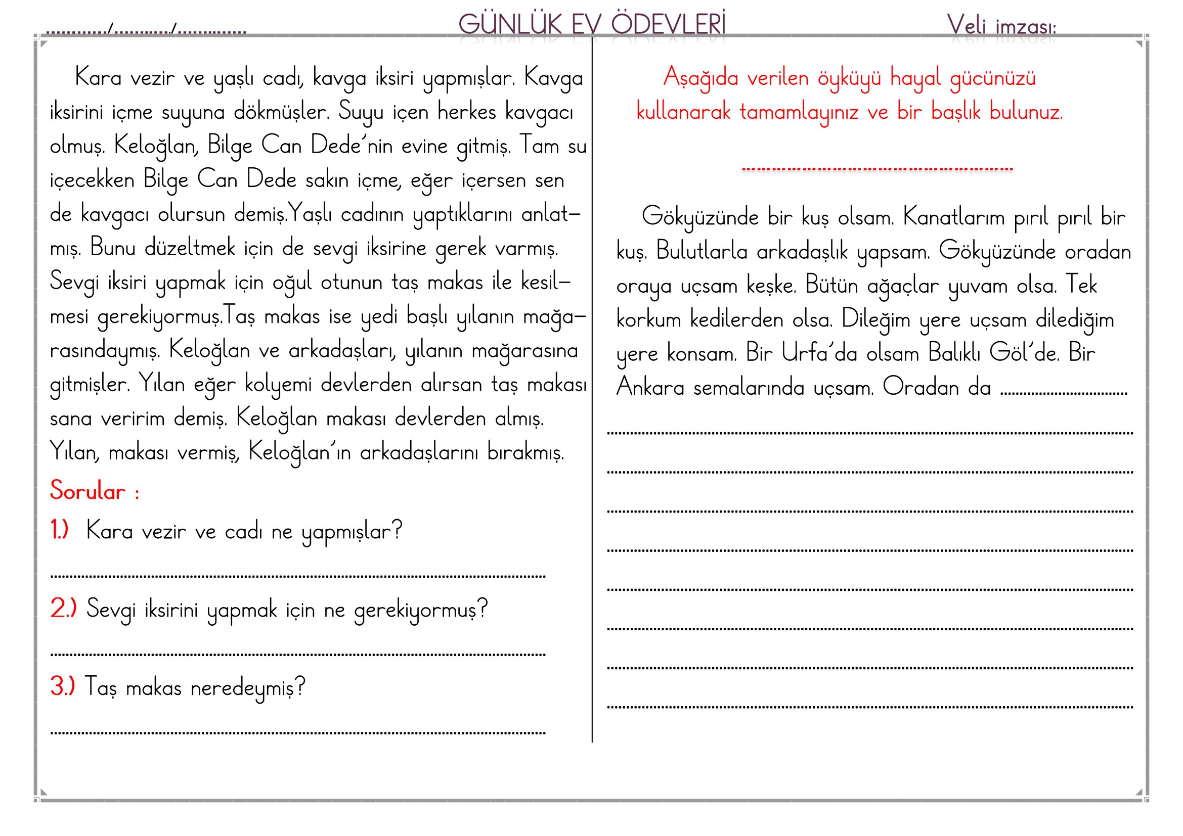 1. Sınıf - 02 Mart 2026 Günlük Ev Ödevleri
