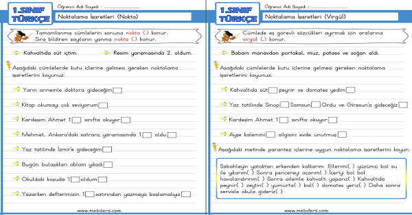 1. Sınıf Türkçe Noktalama İşaretleri (Nokta, Virgül) Etkinliği 1