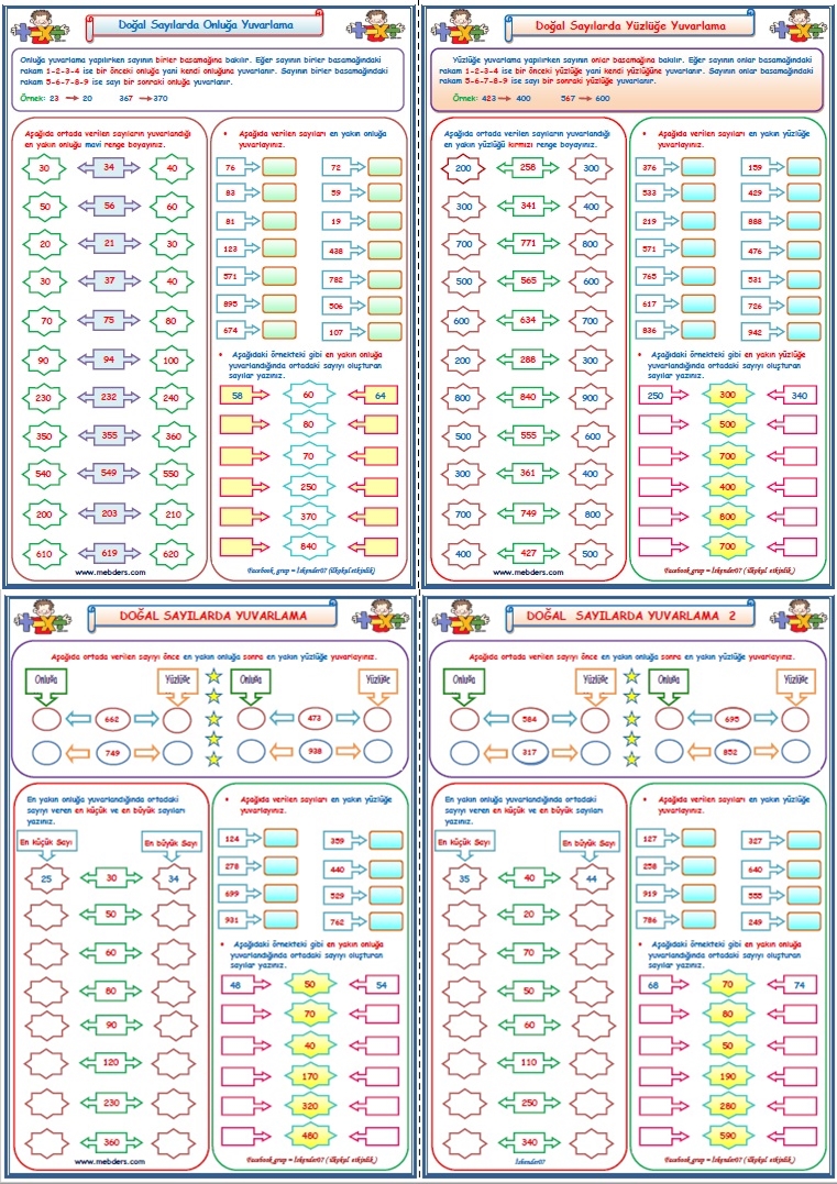 3. Sınıf Matematik Doğal Sayıları En Yakın Onluğa ve Yüzlüğe Yuvarlama (4 SAYFA)