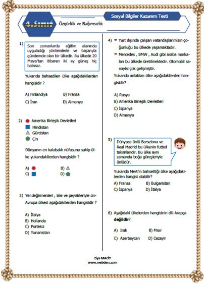 4. Sınıf Sosyal Bilgiler Ülkeleri Tanıyalım Kazanım Testi ETKİLEŞİMLİ