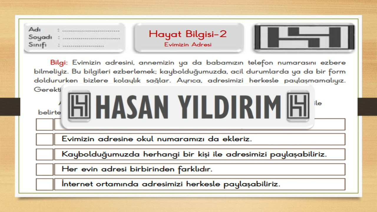 2. Sınıf Hayat Bilgisi Evimizin Adresi Çalışma Sayfası
