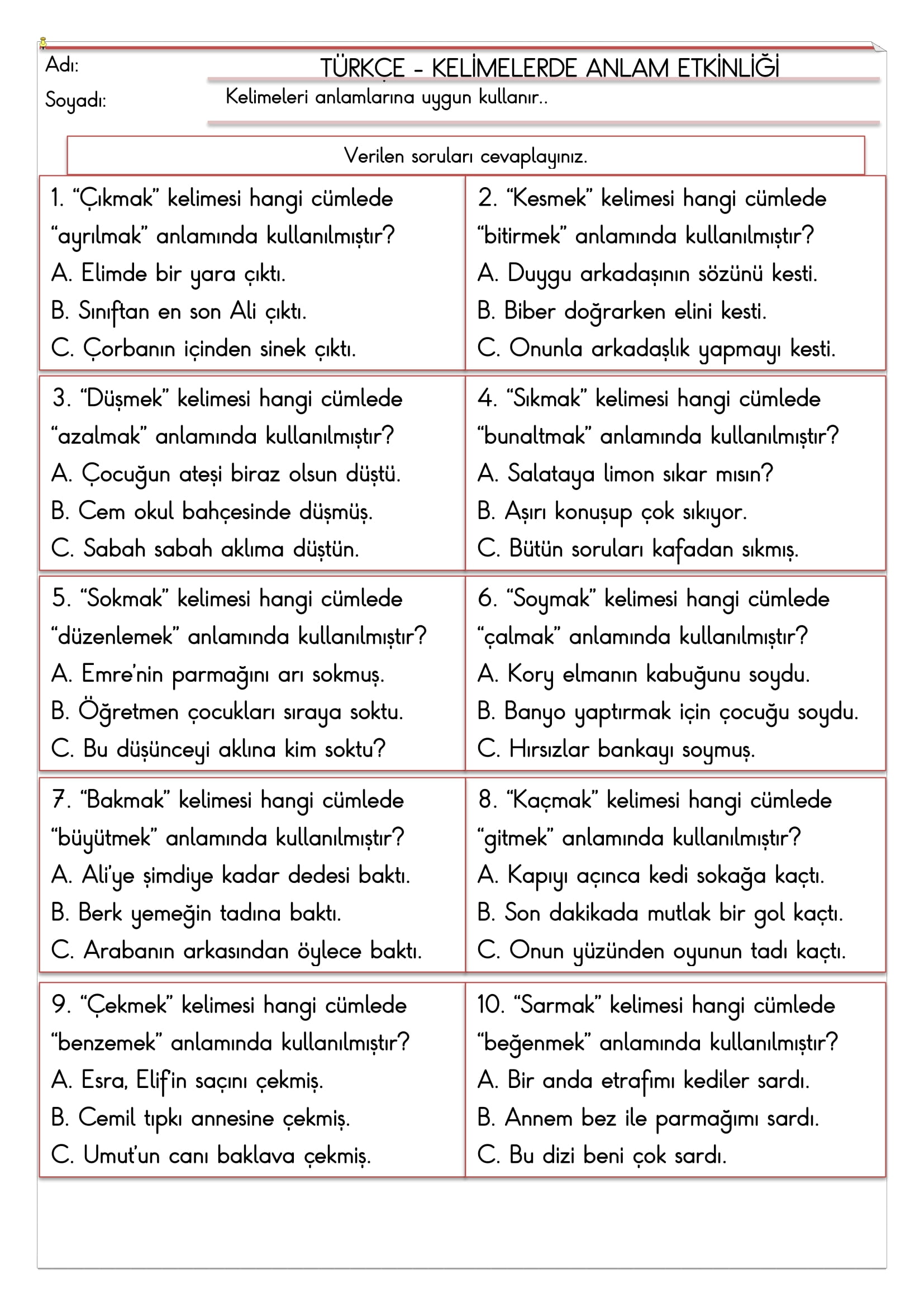 2. Sınıf - Türkçe - Kelimelerde Anlam Etkinliği