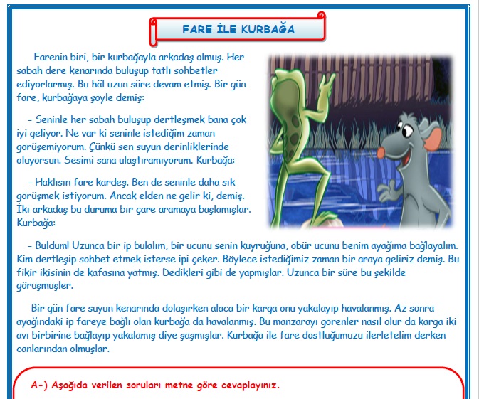 2. Sınıf Türkçe Fare ile Kurbağa Okuma Anlama Metin Çalışması