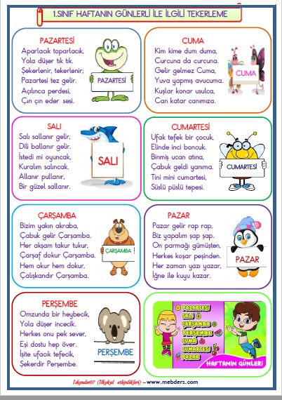1. Sınıf Haftanın Günleri İle İlgili Tekerleme Etkinliği  4