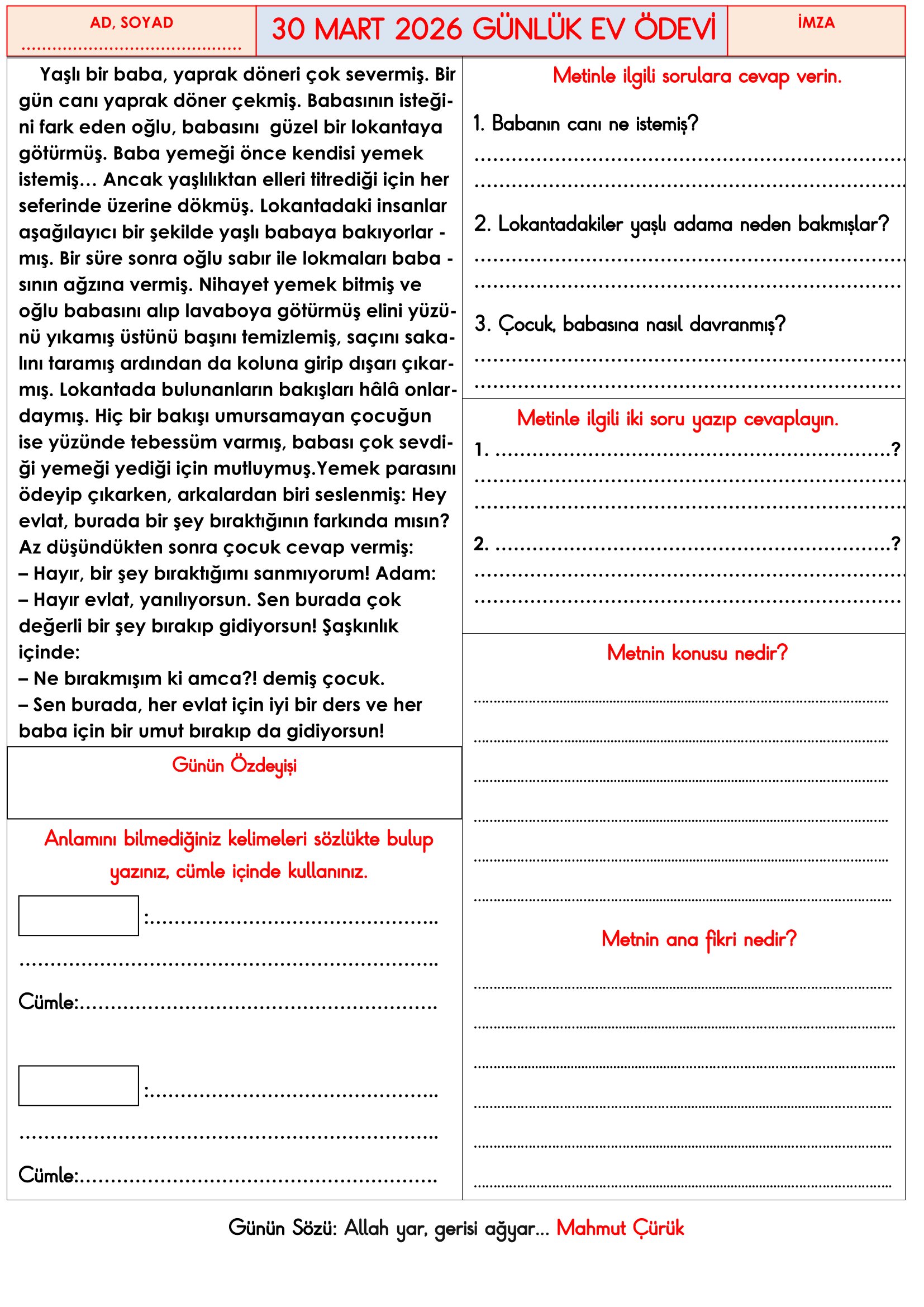 3. Sınıf - 30 Mart 2026 Günlük Ev Ödevleri