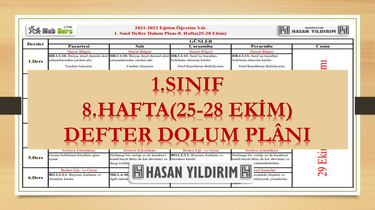 1. Sınıf 8.Hafta(25-28 Ekim) Defter Dolum Planı