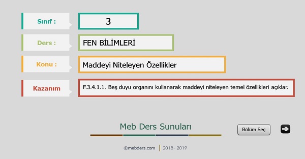 3. Sınıf Fen Bilimleri Maddeyi Niteleyen Özellikler Sunusu