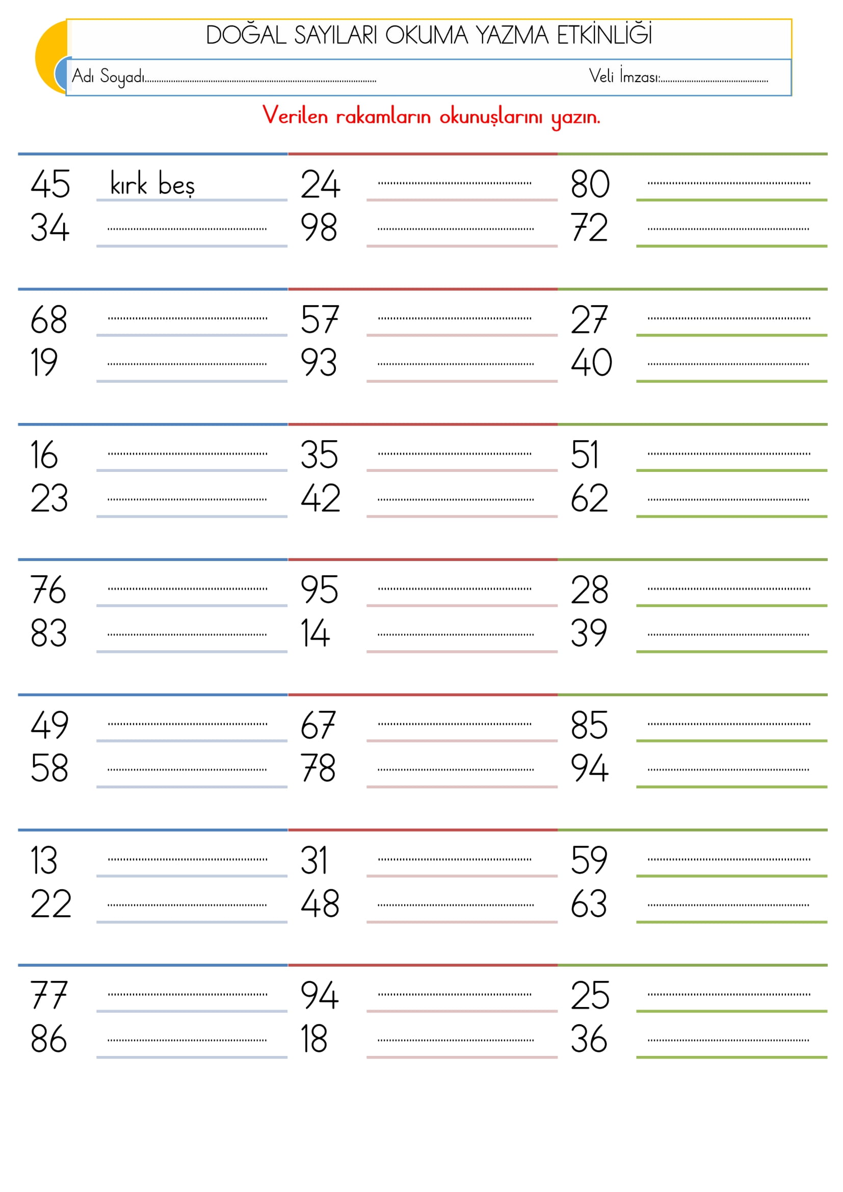 2. Sınıf - Matematik - Doğal Sayıları Okuma Yazma Etkinliği-1