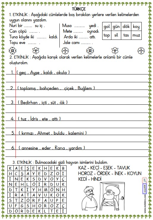 1. Sınıf Türkçe Boşluk Doldurma ve Cümle Oluşturma Etkinliği 14