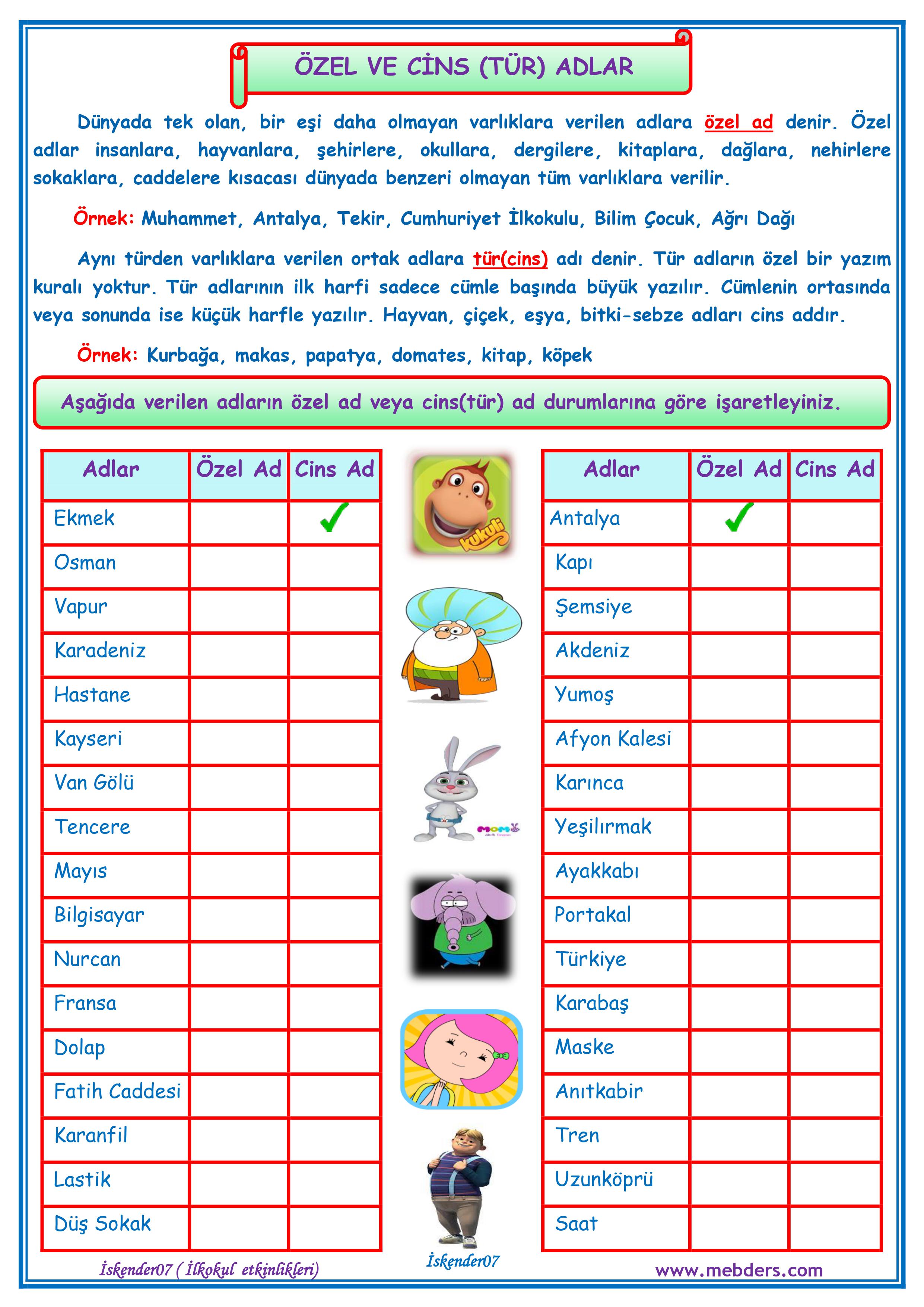 1. Sınıf Türkçe Özel ve Cins (Tür) Adlar 1