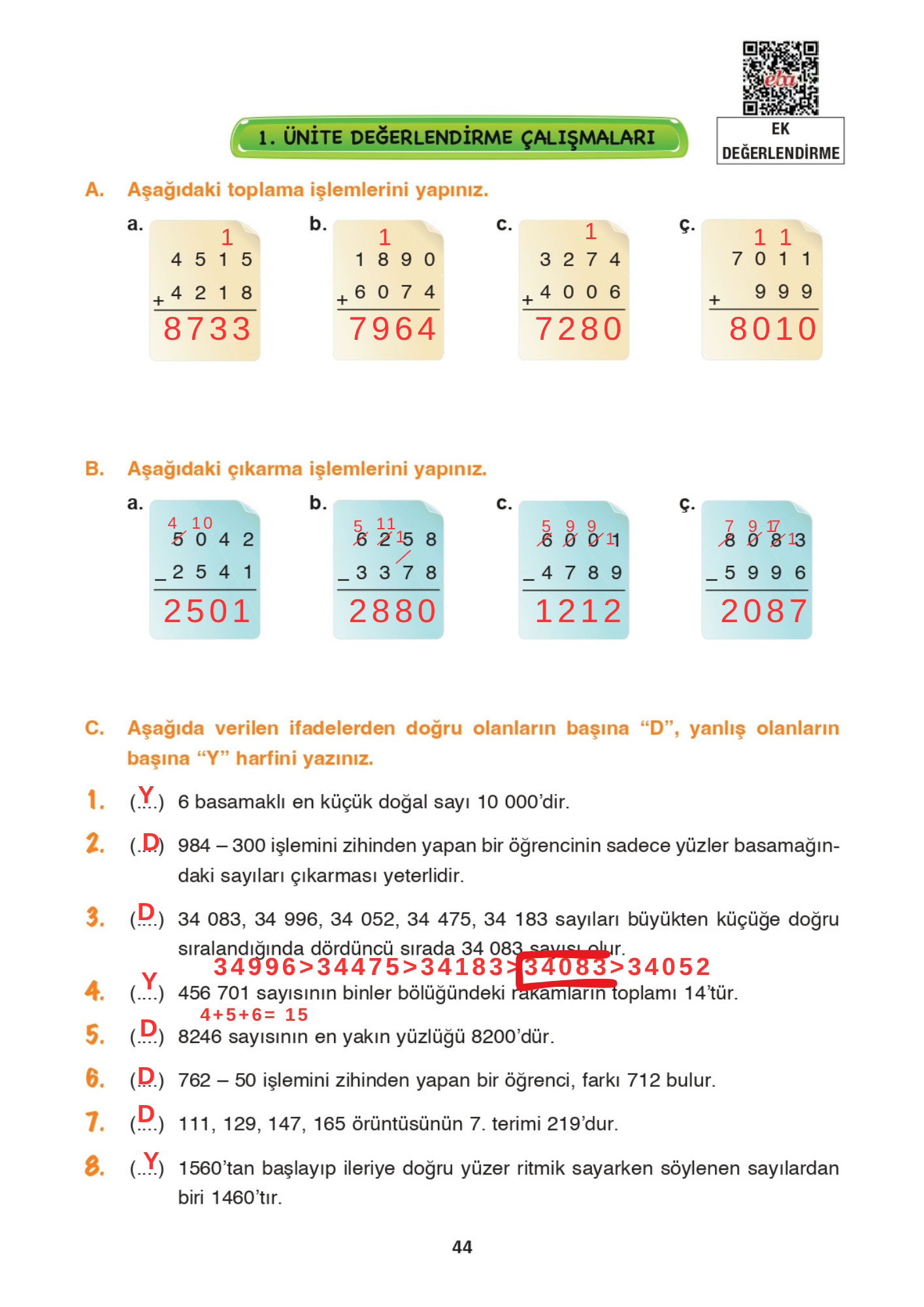 4. Sınıf Matematik Fersa Yayınları 1. Ünite Değerlendirmesi Cevapları