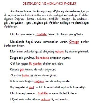 3. Sınıf Türkçe Destekleyici ve Açıklayıcı İfadeler Konu Özeti